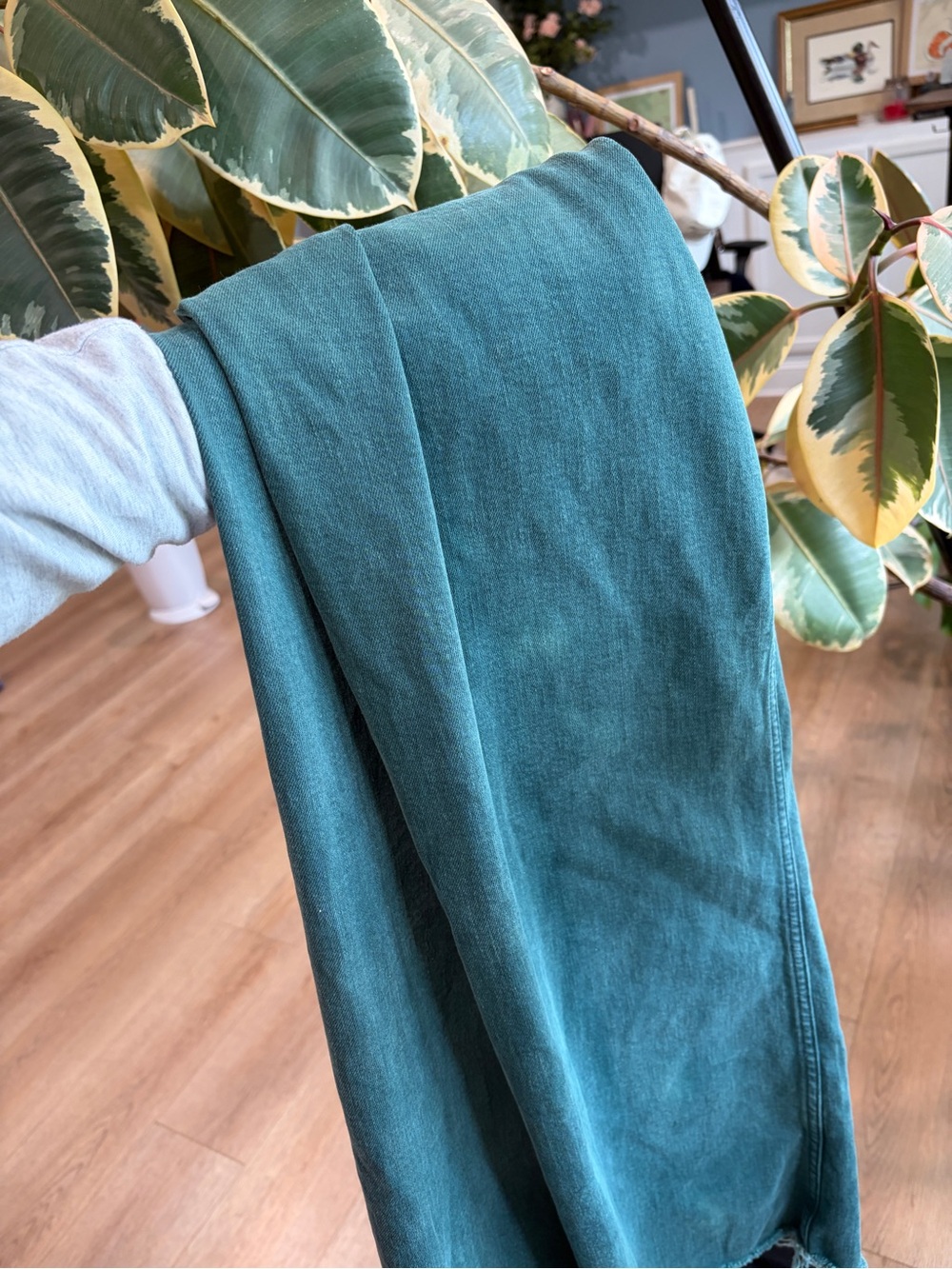 Zara Marine Straight Wide Leg Jeans Teal Green Raw Hem High Rise 28 - Picture 8 of 8